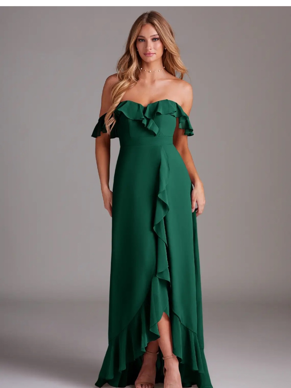 Azazie Off-Shoulder Ruffle Maxi Dress in Emerald